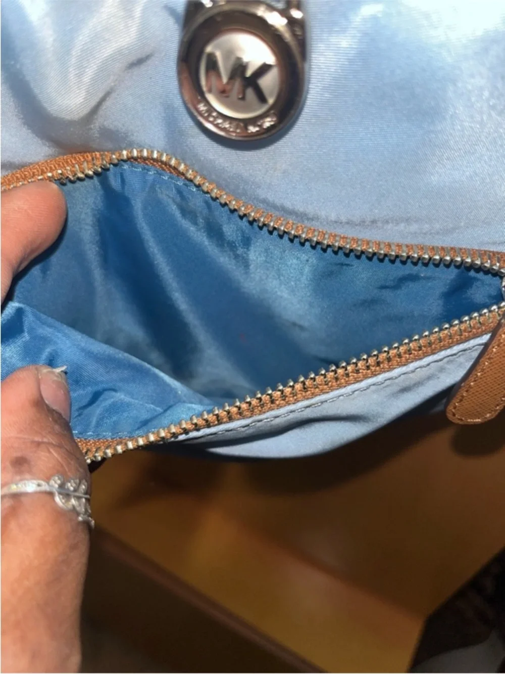 Michael Kors Light Blue Crossbody with Brown Trim and Logo Hardware - Picture 4 of 5